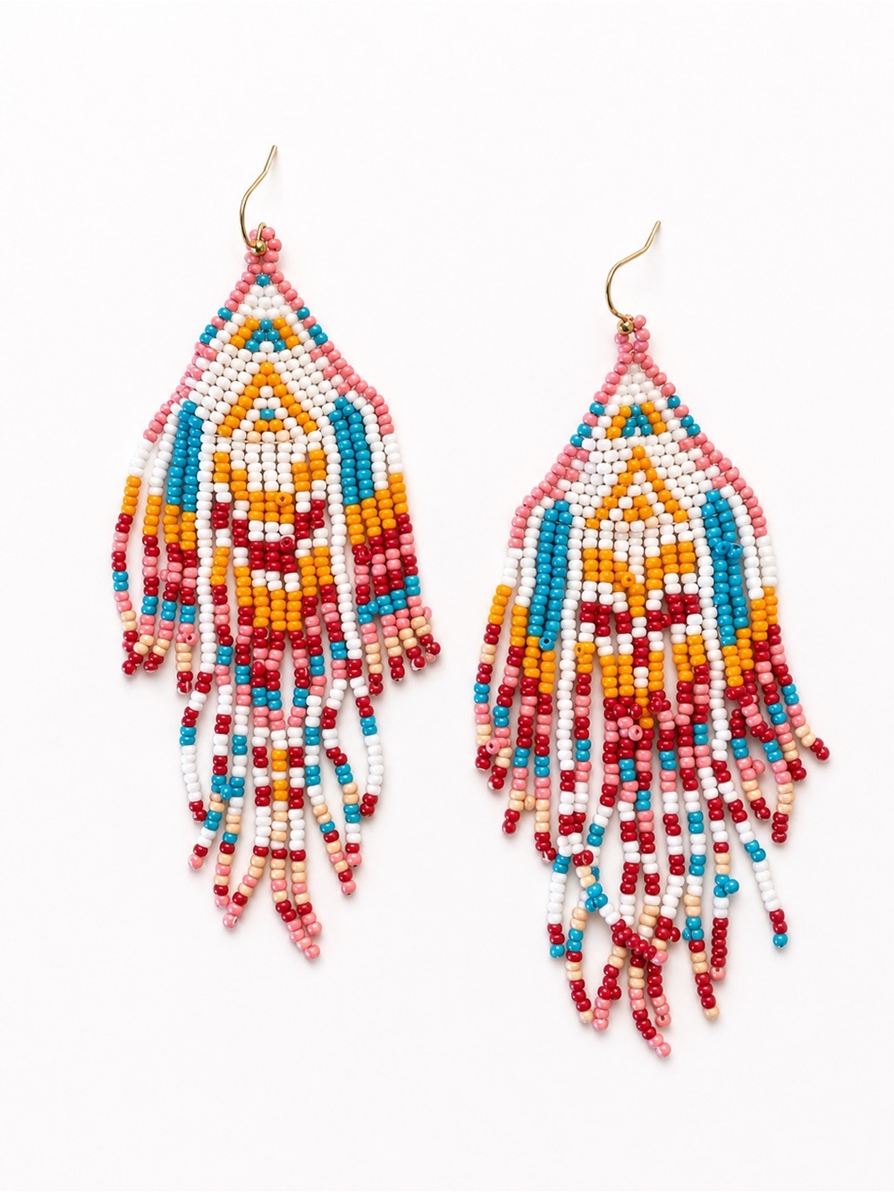 Handmade Multicolor Seed Bead Fringe Earrings - Pink / Turquoise